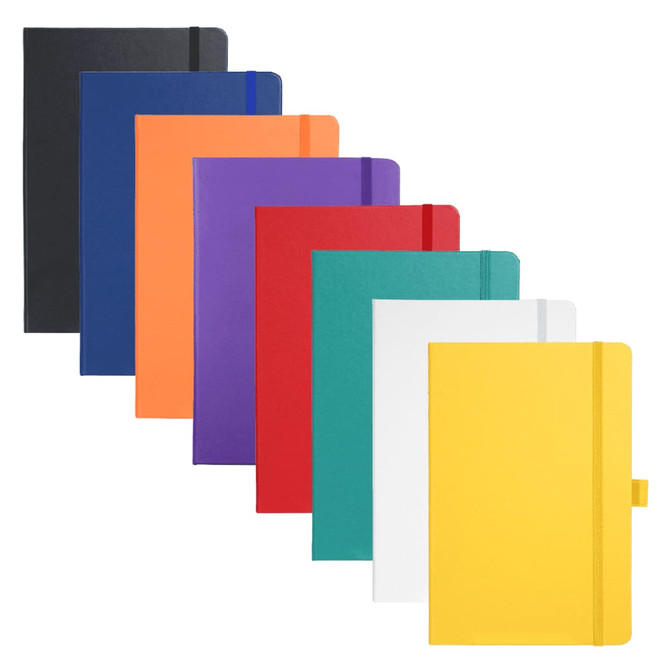 A collection of Nova Bound JournalBooks in various colours, including black, navy, orange, purple, red, green, white, and yellow, with a logo.