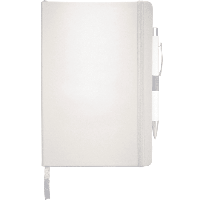 A Nova Bound JournalBook in grey with a matching pen attached. Features an elastic band closure and bookmark ribbon.