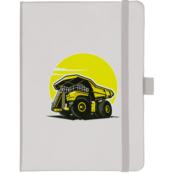 A hard-bound journal in white featuring a yellow and black design of a dump truck, complete with an elastic closure.
