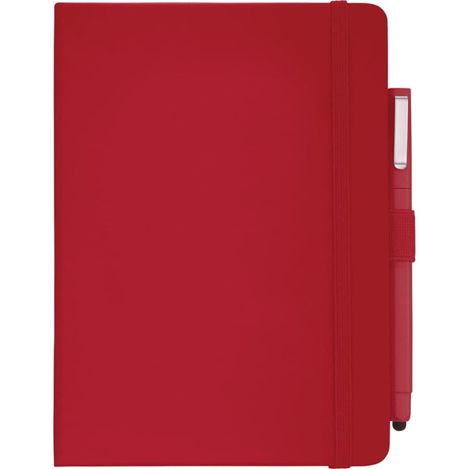 A red hard-bound journal with a pen holder and elastic closure, featuring a branding logo.