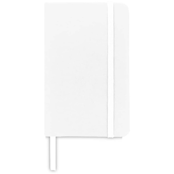 A white pocket notebook with a rubber band closure and a ribbon marker. It features a logo on the cover.