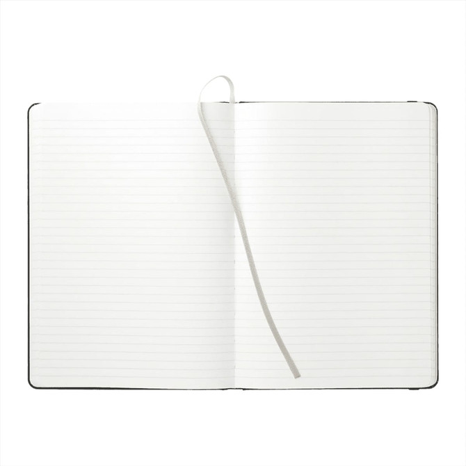 A hardcover notebook with stone paper, featuring blank lined pages and a ribbon marker. The cover is black.