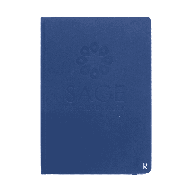 A navy hardcover notebook with a logo on the front, featuring a textured surface.