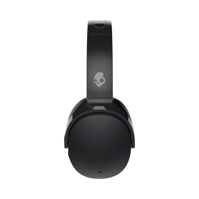 A pair of black wireless headphones with a logo, featuring a sleek design and cushioned ear cups. A pair of black wireless headphones with a logo, featuring a sleek design and cushioned ear cups.
