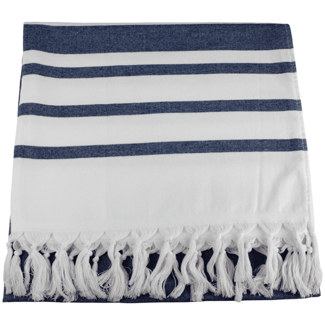 A Turkish beach towel in navy blue and white, featuring striped patterns and tasselled edges. It has a branding logo.