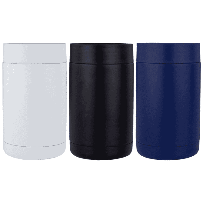 A drink bottle holder set featuring three can holders in white, black, and navy blue, each with a smooth exterior.