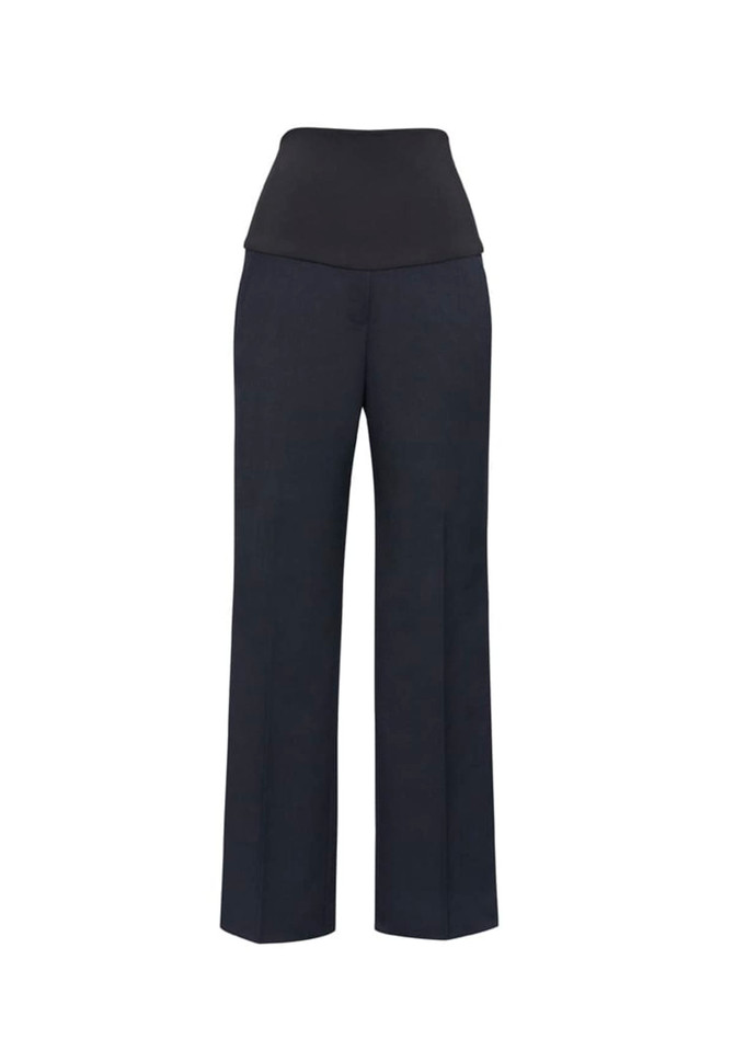A pair of navy maternity pants with a black stretchy waistband, featuring a simple design and no visible branding.
