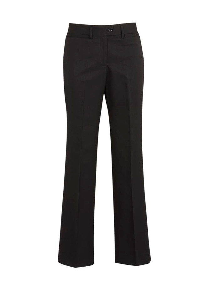 A pair of black relaxed pants with a flared design, featuring a waistband and pockets. The product has a logo.