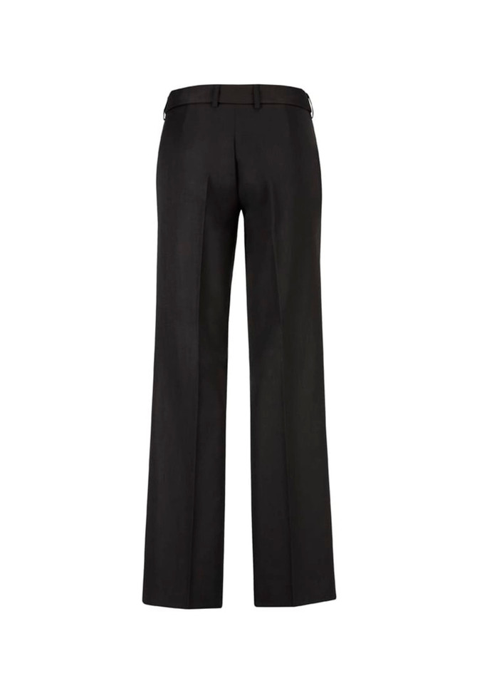 A pair of women's black adjustable waist pants with a straight-leg design and a back view.