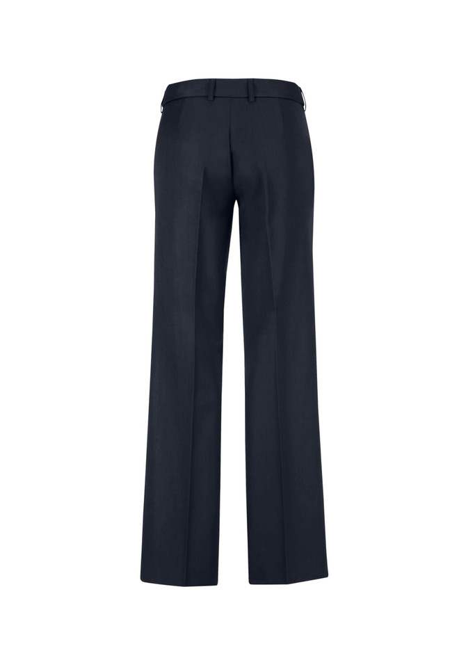 A pair of navy women's slacks with an adjustable waist, featuring a straight leg design and a logo on the waistband. A pair of navy women's slacks with an adjustable waist, featuring a straight leg design and a logo on the waistband.