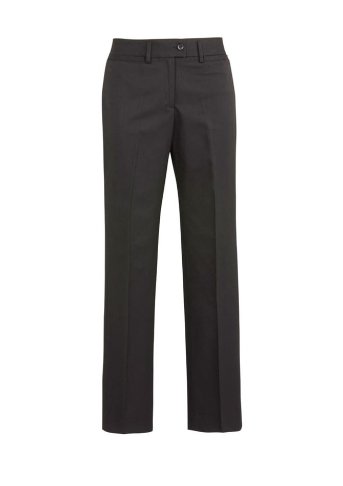 Black relaxed pants made from comfort wool stretch fabric, featuring a straight leg design and a waistband with a button.