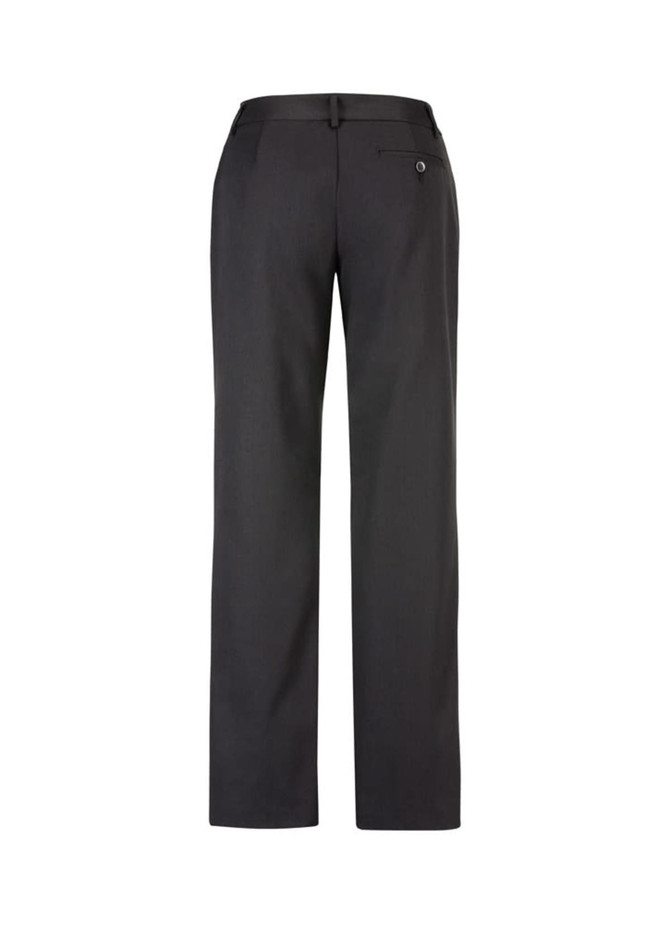 A pair of relaxed-fit women's slacks in a dark colour, featuring a button at the back pocket.