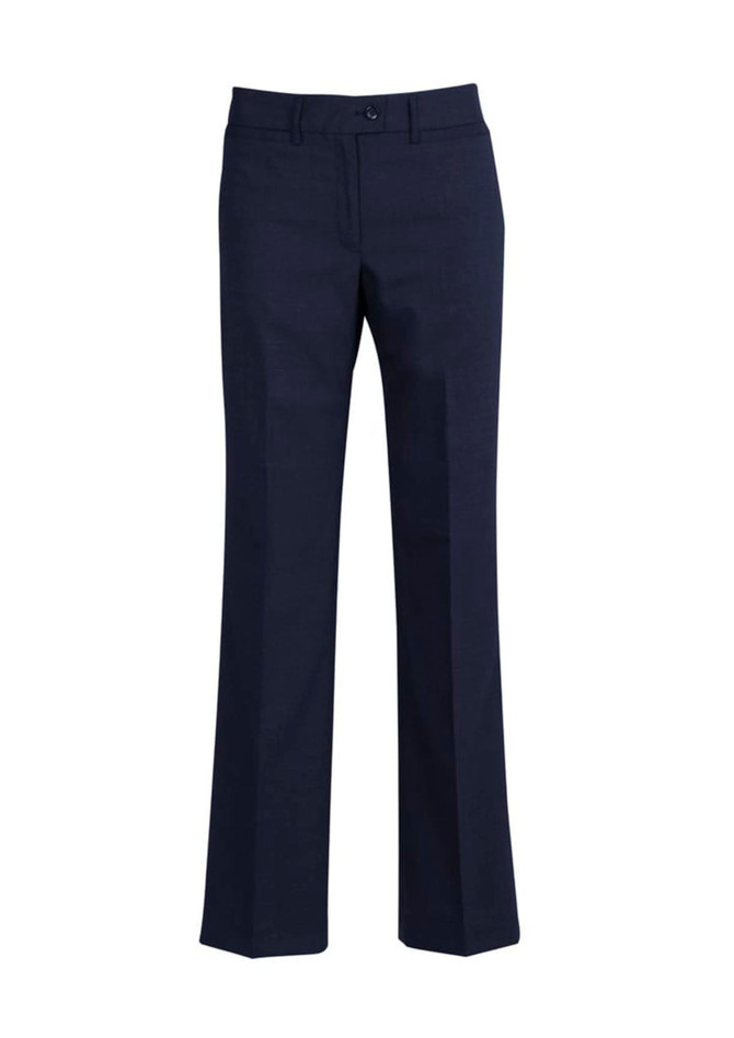 Wool stretch relaxed pants in dark navy blue, featuring a straight leg and a front button closure. Wool stretch relaxed pants in dark navy blue, featuring a straight leg and a front button closure.