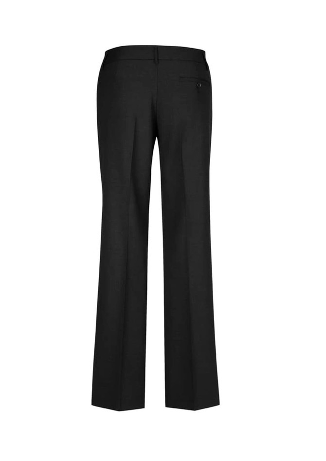 A pair of black relaxed women's slacks, featuring a straight leg design and a rear pocket. A pair of black relaxed women's slacks, featuring a straight leg design and a rear pocket.