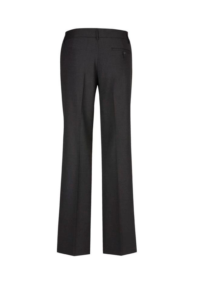 A pair of women's relaxed fit slacks in dark grey, featuring a back pocket and a tailored design. A pair of women's relaxed fit slacks in dark grey, featuring a back pocket and a tailored design.