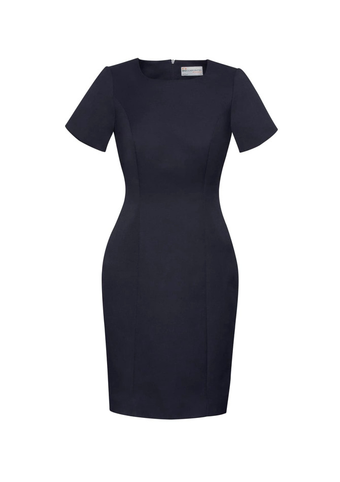 A fitted women's short sleeve shift dress in navy blue with a crew neckline and a tailored design.