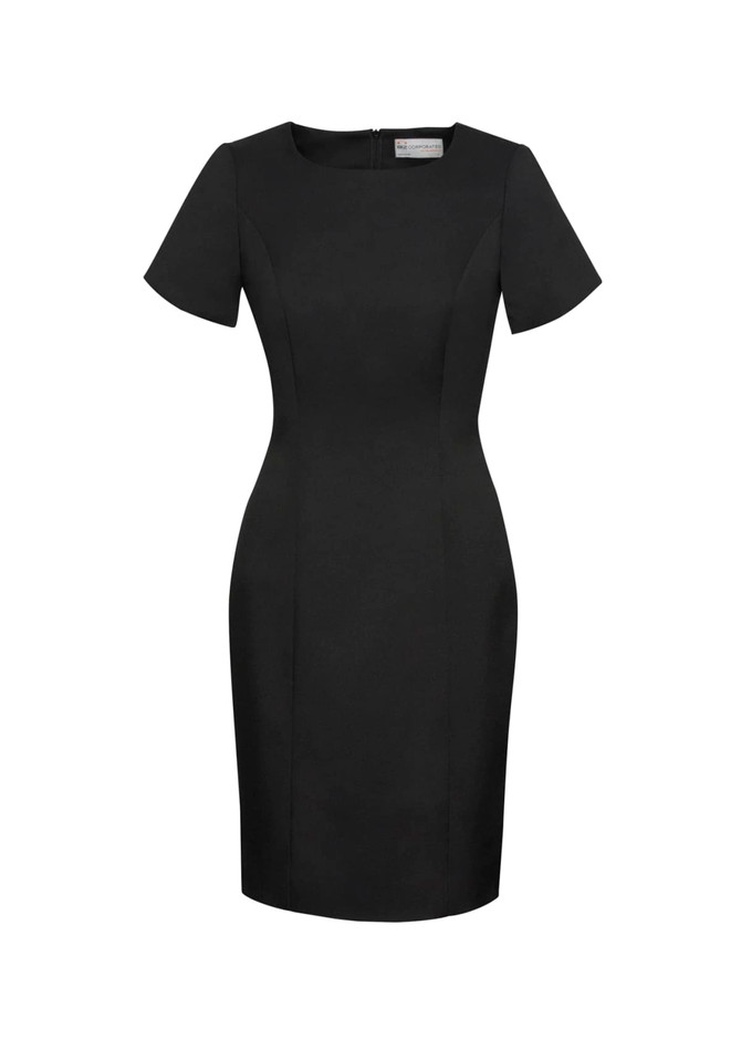 A black short sleeve shift dress with a sleek design and a fitted silhouette. It features a back zipper and has a logo.