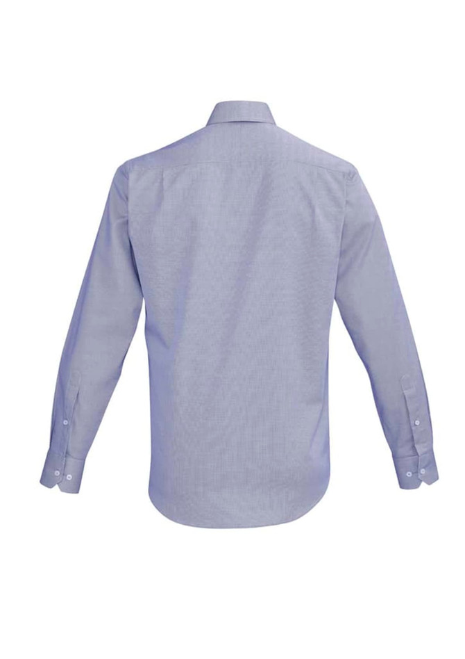A button-up shirt in light blue with long sleeves and a back view. It features a logo on the label. A button-up shirt in light blue with long sleeves and a back view. It features a logo on the label.