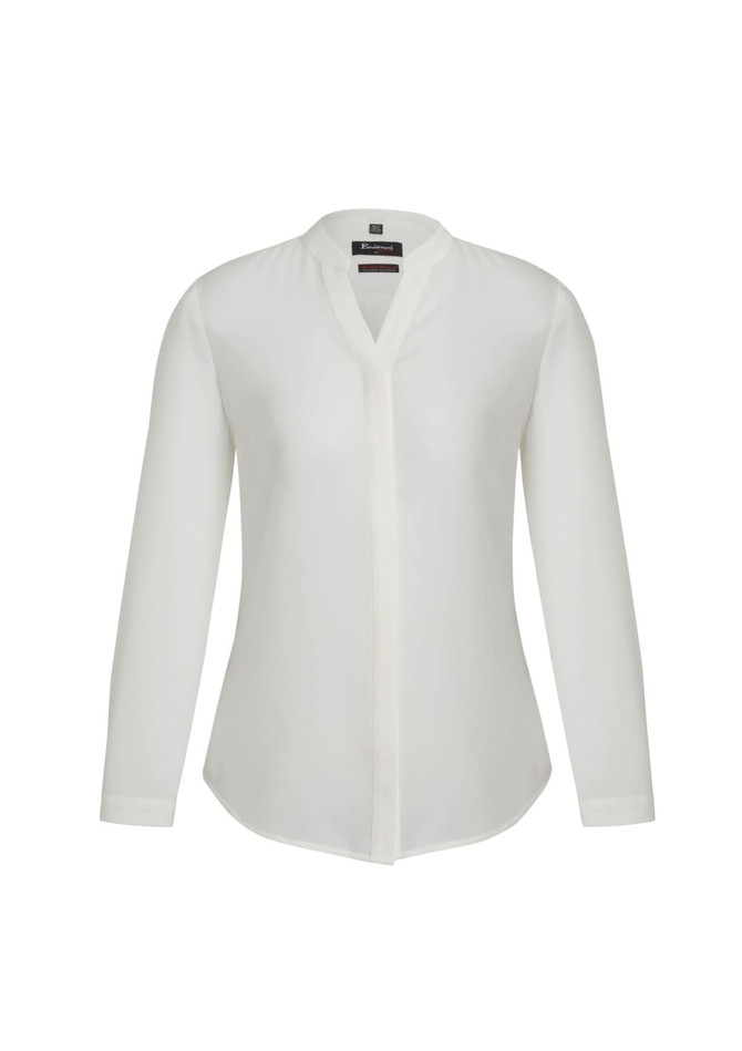 A white long sleeve blouse with a button-up front and a collarless design, featuring a logo.
