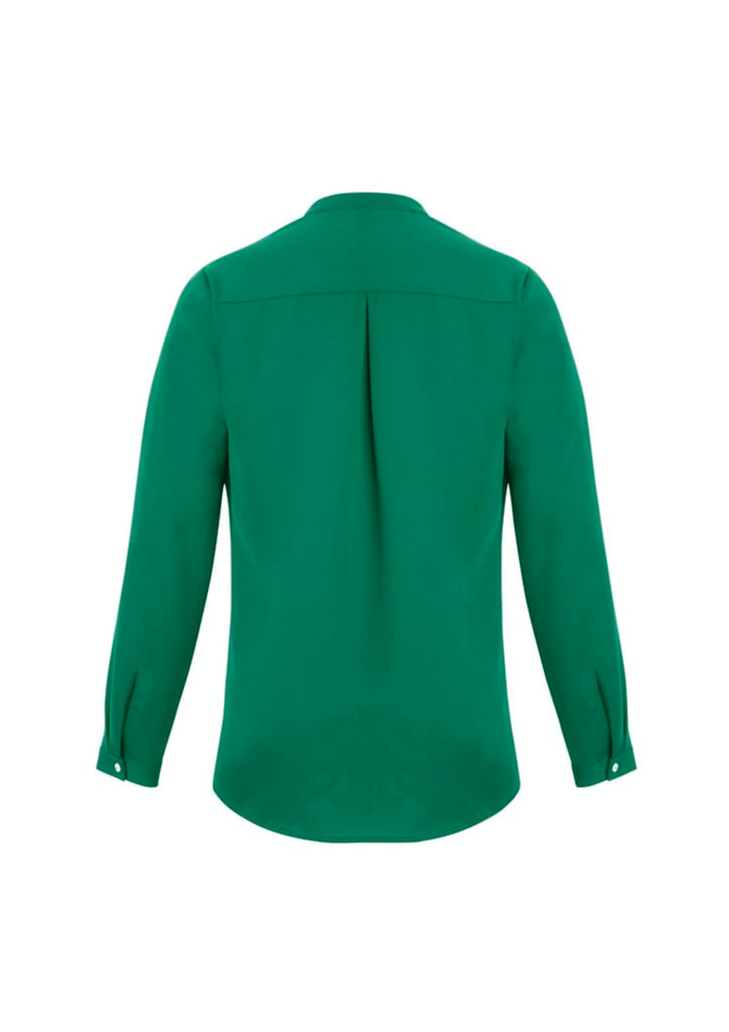 A green long sleeve blouse with a button-up neckline and a pleat detail at the back. Features a logo on the fabric.