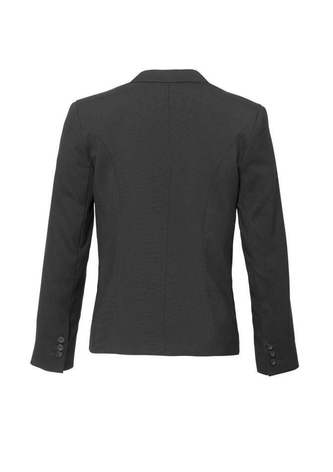 A women's cool stretch short jacket in black with a reverse lapel and buttoned cuffs. The back view displays a tailored fit. A women's cool stretch short jacket in black with a reverse lapel and buttoned cuffs. The back view displays a tailored fit.