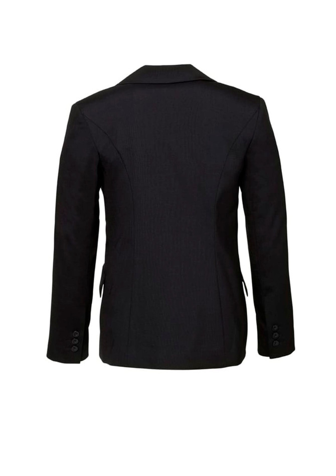 A black women's longline jacket, featuring a tailored fit and buttons on the sleeves. It includes a logo.
