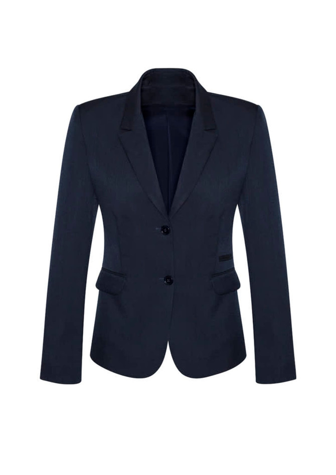 A women's mid-length jacket in dark navy, featuring a two-button closure and fitted design. It has a sleek blazer style.