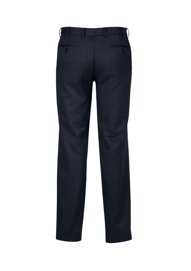 A pair of navy blue men's flat front trousers with a smooth finish and back pockets. Features a logo on the waistband.