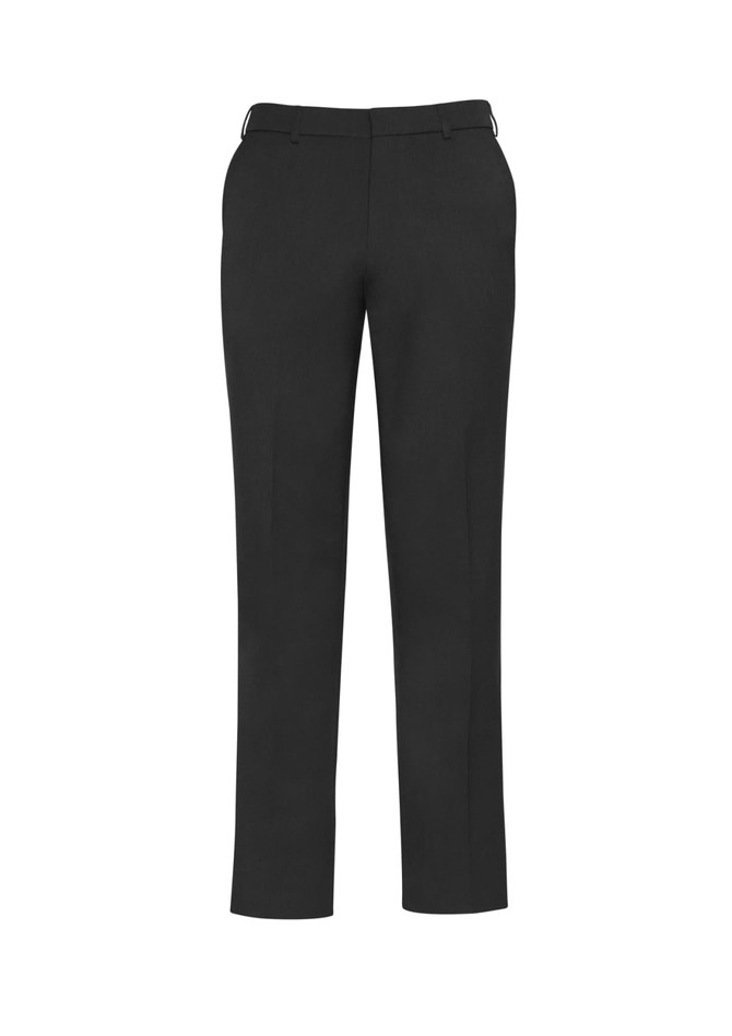 A pair of black slimline pants with a natural waist and a tailored fit, featuring pockets and a logo.