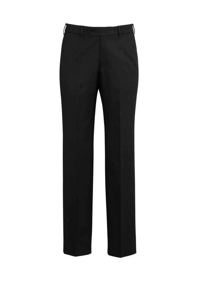 A pair of black adjustable waist slacks with a straight leg cut, featuring a logo. A pair of black adjustable waist slacks with a straight leg cut, featuring a logo.