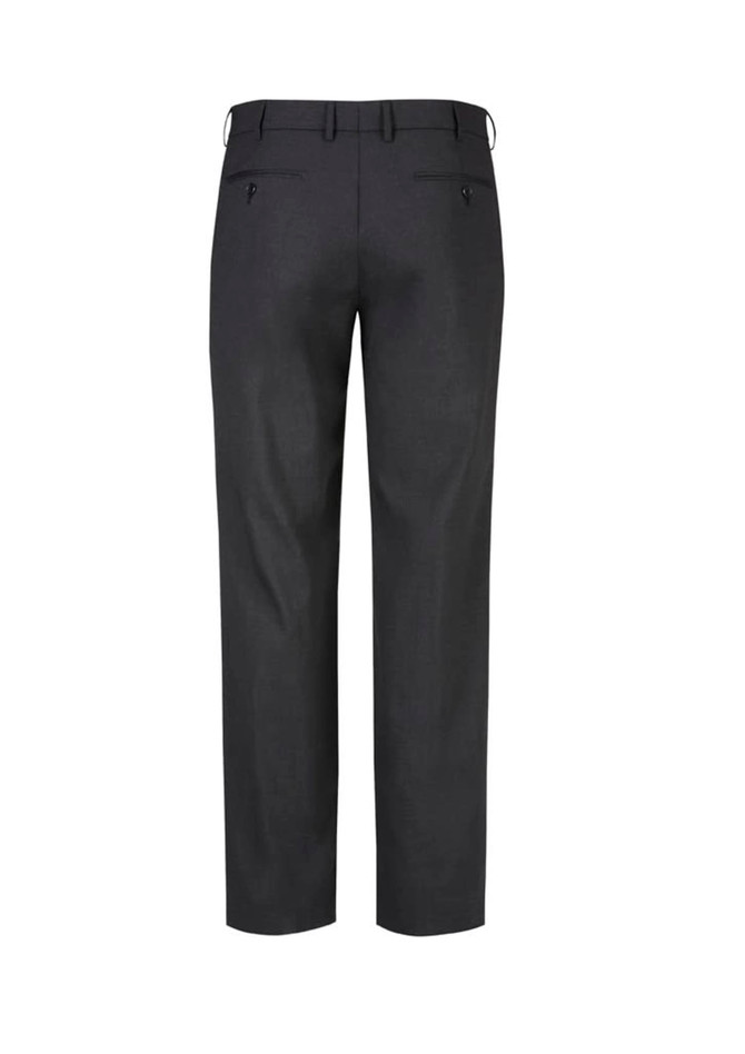 A pair of men's flat front slacks in dark grey, featuring a smooth finish and back pockets.