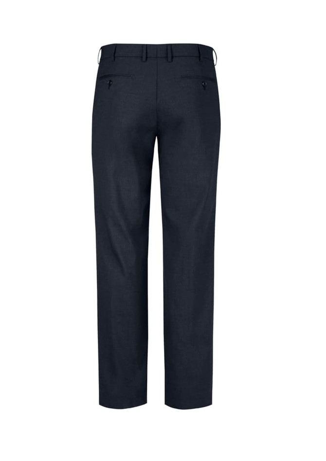A pair of dark grey men's flat front slacks with a smooth finish and two rear pockets. Features a logo on the waistband.