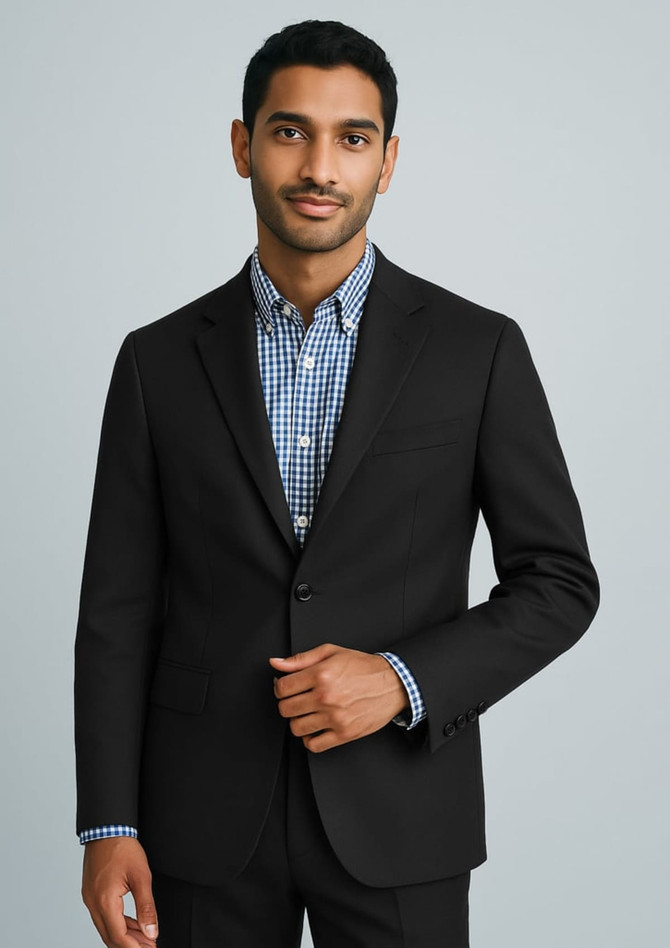 A man wearing a black classic jacket layered over a checked shirt, standing against a light background.