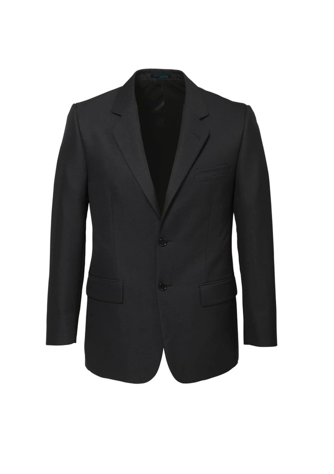 A black men's classic blazer featuring a two-button closure and a single chest pocket.