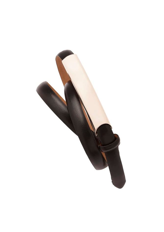A slimline black belt with a stylish metallic accent and a buckle, showcasing a modern design. A slimline black belt with a stylish metallic accent and a buckle, showcasing a modern design.