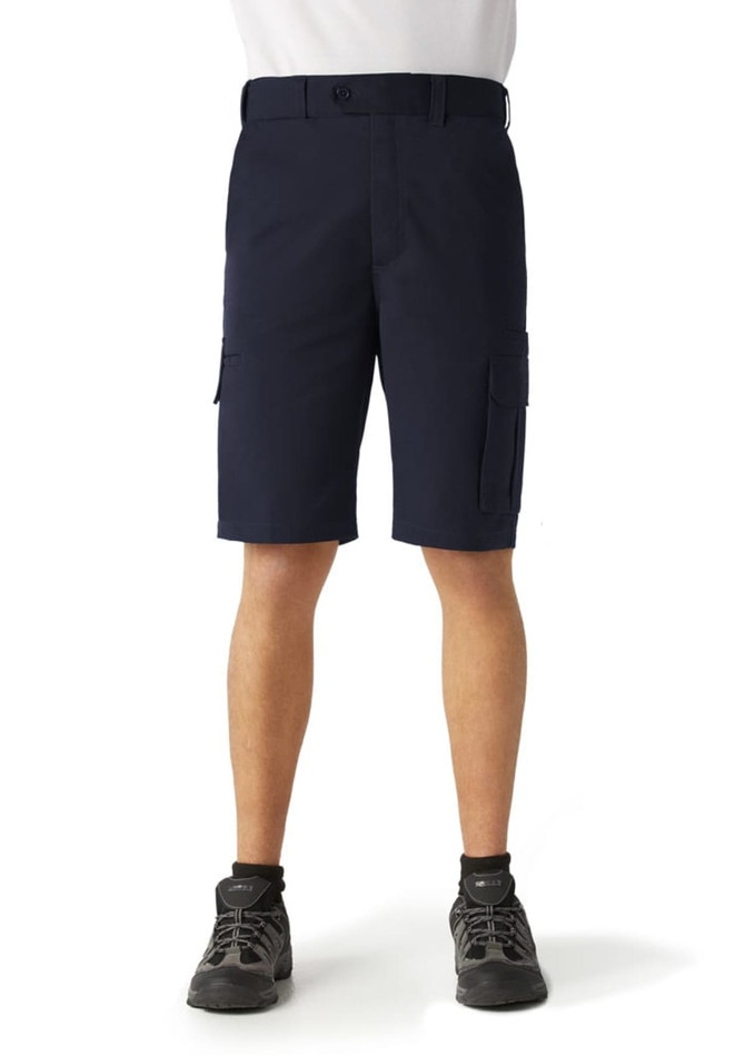 Men's dress shorts in navy blue with pockets and a belt. Featured on a man wearing black shoes.