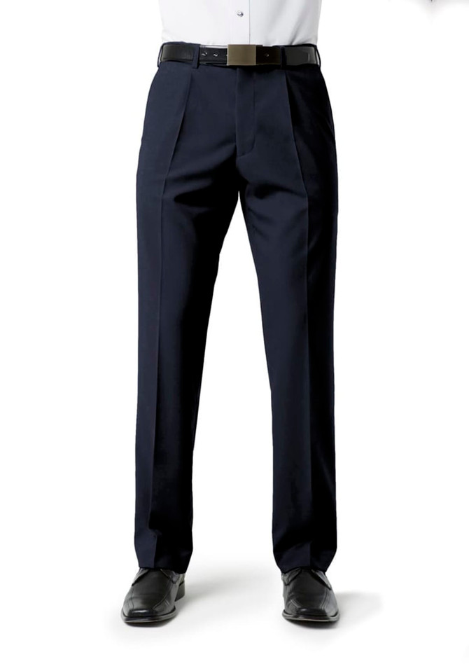 Classic pleat pants in navy, featuring a straight leg design and a sleek belt. Suitable for formal occasions.