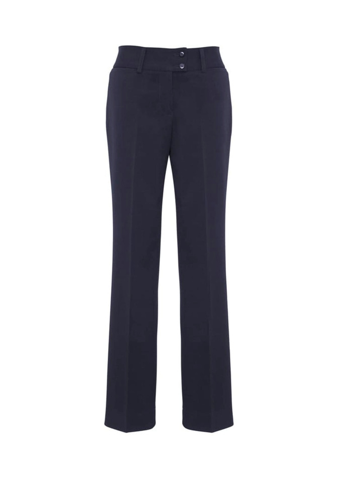 A pair of navy slacks with a straight leg design and two front buttons, featuring a logo on the waistband.