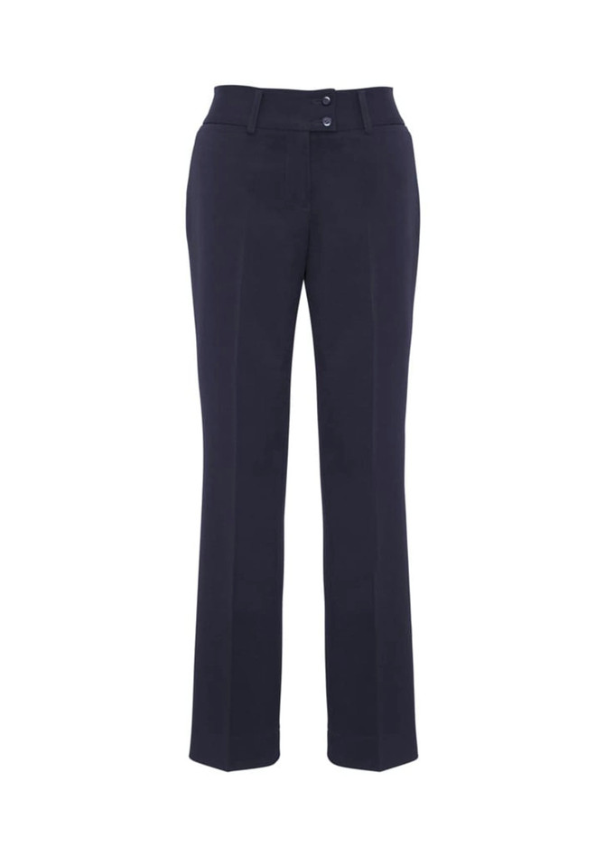 A pair of navy slacks featuring a straight-leg design and two front buttons. The garment has a logo.