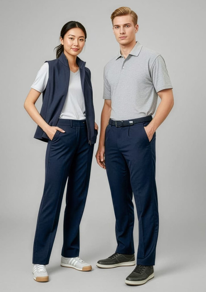 A pair of women's navy slacks displayed on a model, featuring a slim fit with a smooth finish.