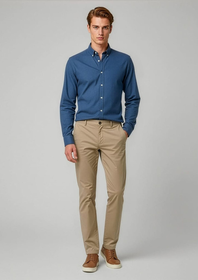 A man wearing a blue shirt and beige chinos, standing against a neutral background. The pants have a branding logo.