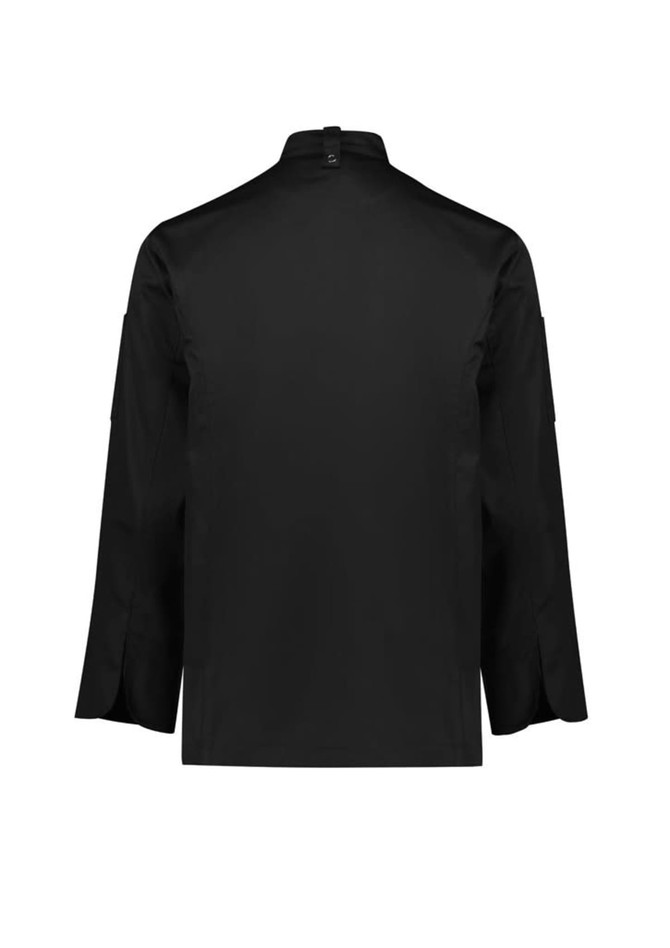 A black long sleeve chef jacket with a back view, featuring a structured design and a logo on the sleeve.