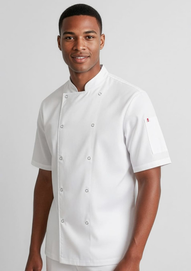 A short sleeve chef jacket in white, featuring a double-breasted design and a logo on one sleeve.