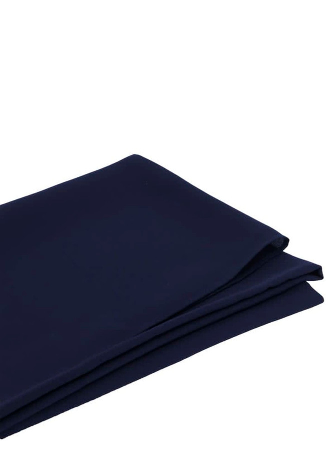 A folded women's hijab in a deep navy blue colour, with a smooth fabric texture. It has a subtle logo. A folded women's hijab in a deep navy blue colour, with a smooth fabric texture. It has a subtle logo.