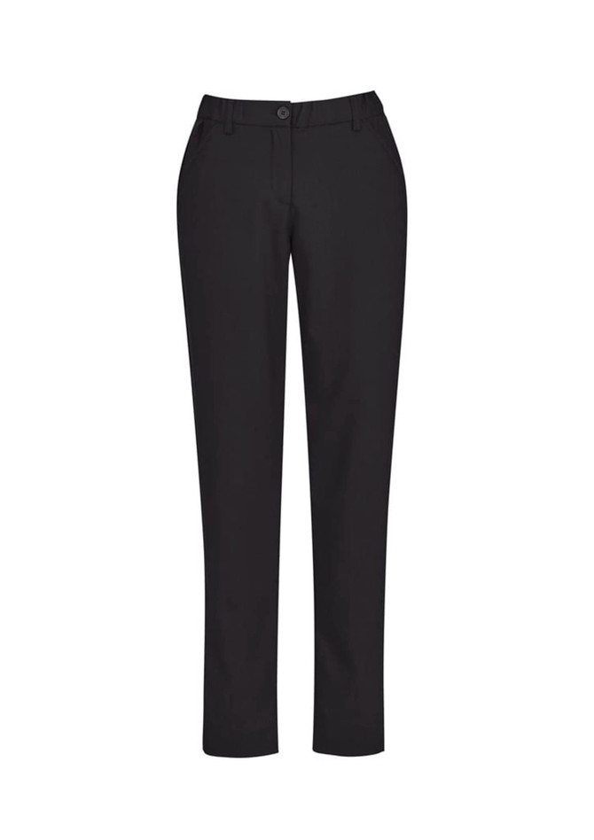 Slim leg pant in black, featuring a comfort waist design and pockets, showcased against a plain background.