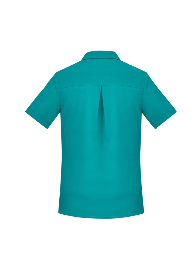 A turquoise short sleeve women's shirt featuring a rear vent and a collar, with a logo visible.