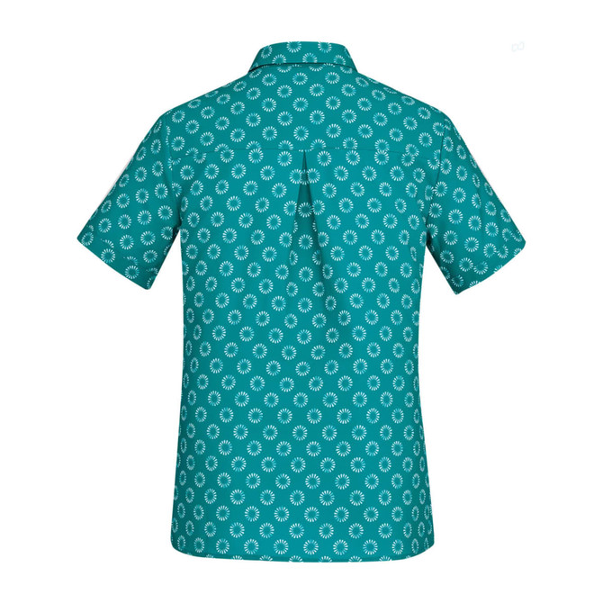 A women's short sleeve shirt featuring a teal background with a white daisy print and a back pleat detail.