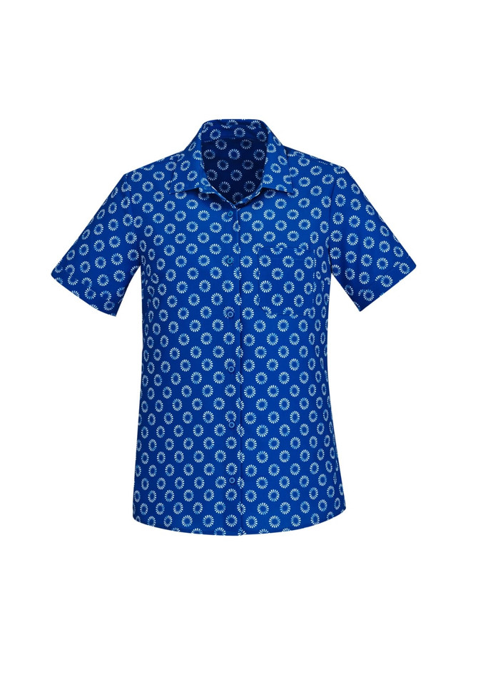 A short sleeve button-up shirt featuring a blue and white daisy print pattern. It has a collar and a logo.