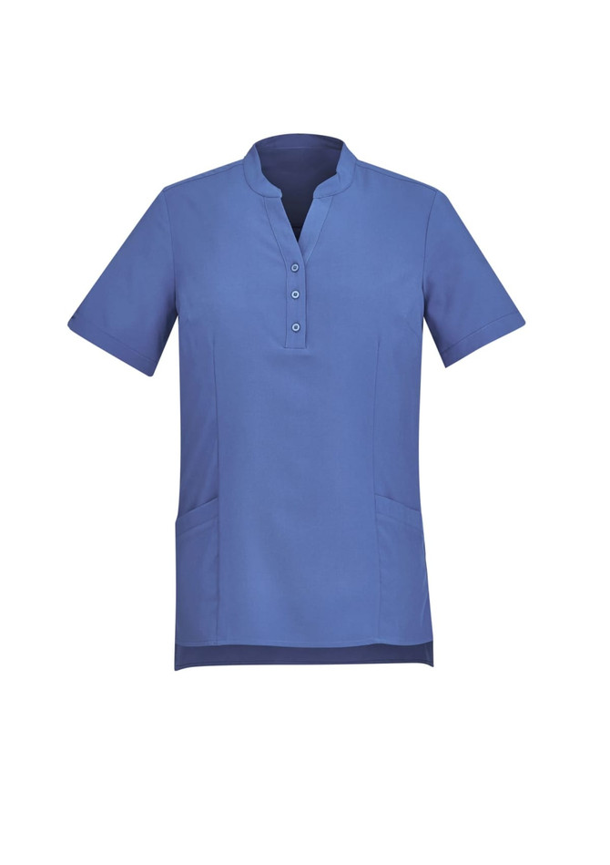 A short-sleeved, blue tunic featuring a collar and button detail, with side pockets and a simple design.