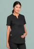 A black tunic scrub top with a button detail and side gathering, designed for pregnant women.